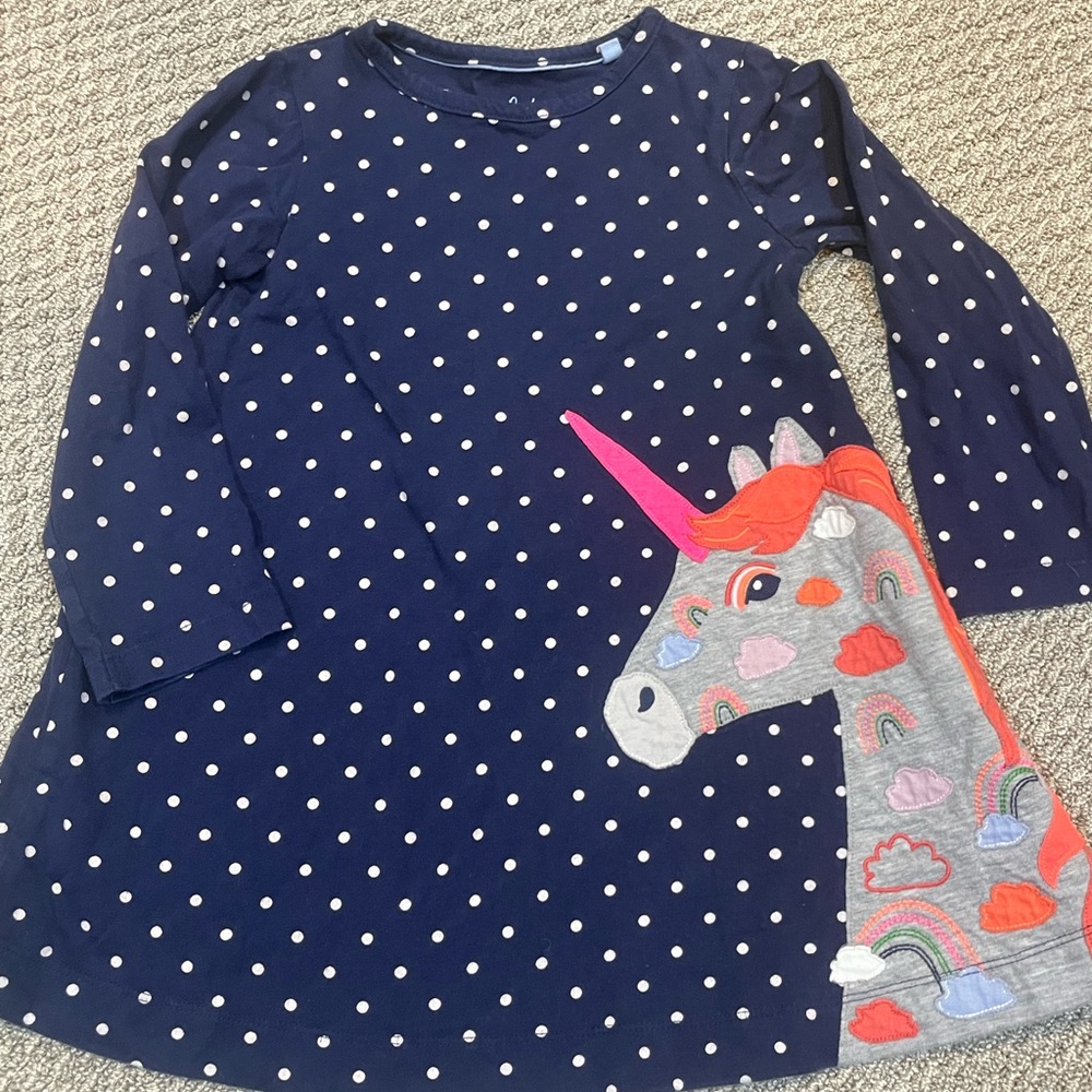 Mini Boden Navy Polka Dot Dress with Unicorn Design 3/4